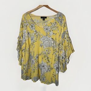 Karen Kane Blouse NWT Women's 1X Yellow Floral Top Ruffled Tiered Short Sleeves